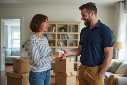 Femme donnant sa carte de cr&eacute;dit au d&eacute;m&eacute;nageur souriant