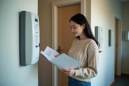 Femme v&eacute;rifiant le compteur &eacute;lectrique dans un int&eacute;rieur moderne
