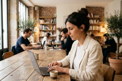 Femme travaillant dans un espace de coworking parisien avec ordinateur portable et café sur table en bois