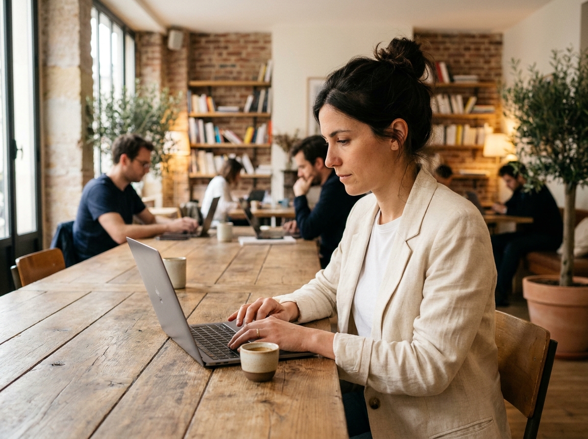 Femme travaillant dans un espace de coworking parisien avec ordinateur portable et café sur table en bois