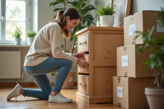 Femme désassemblant un meuble en bois dans un appartement lumineux