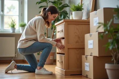 Femme d&eacute;sassemblant un meuble en bois dans un appartement lumineux