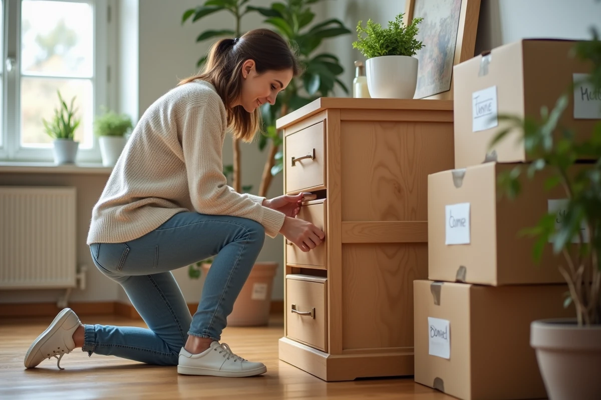 Femme désassemblant un meuble en bois dans un appartement lumineux