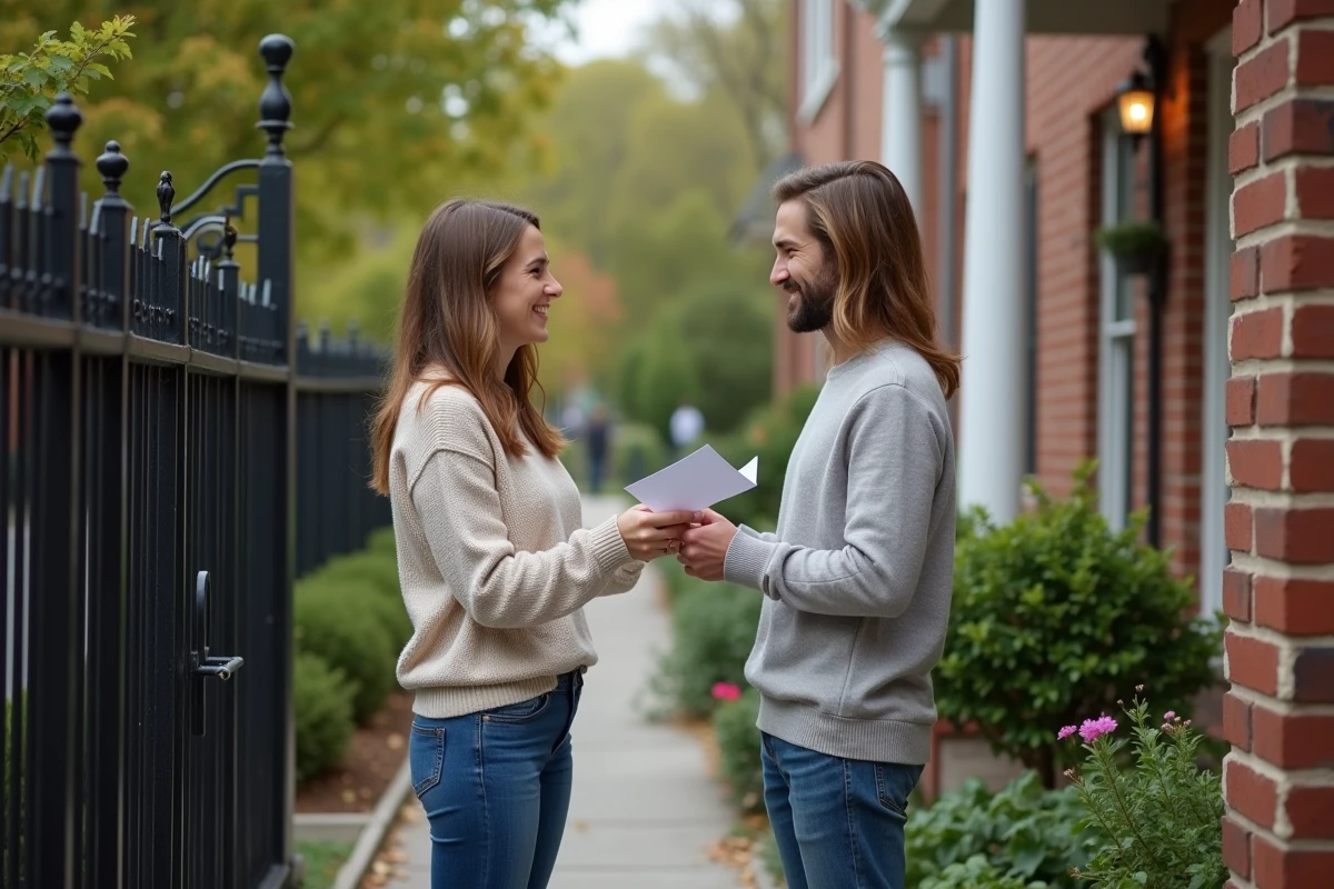 Femme souriante donnant un flyer à un propriétaire dans une rue résidentielle