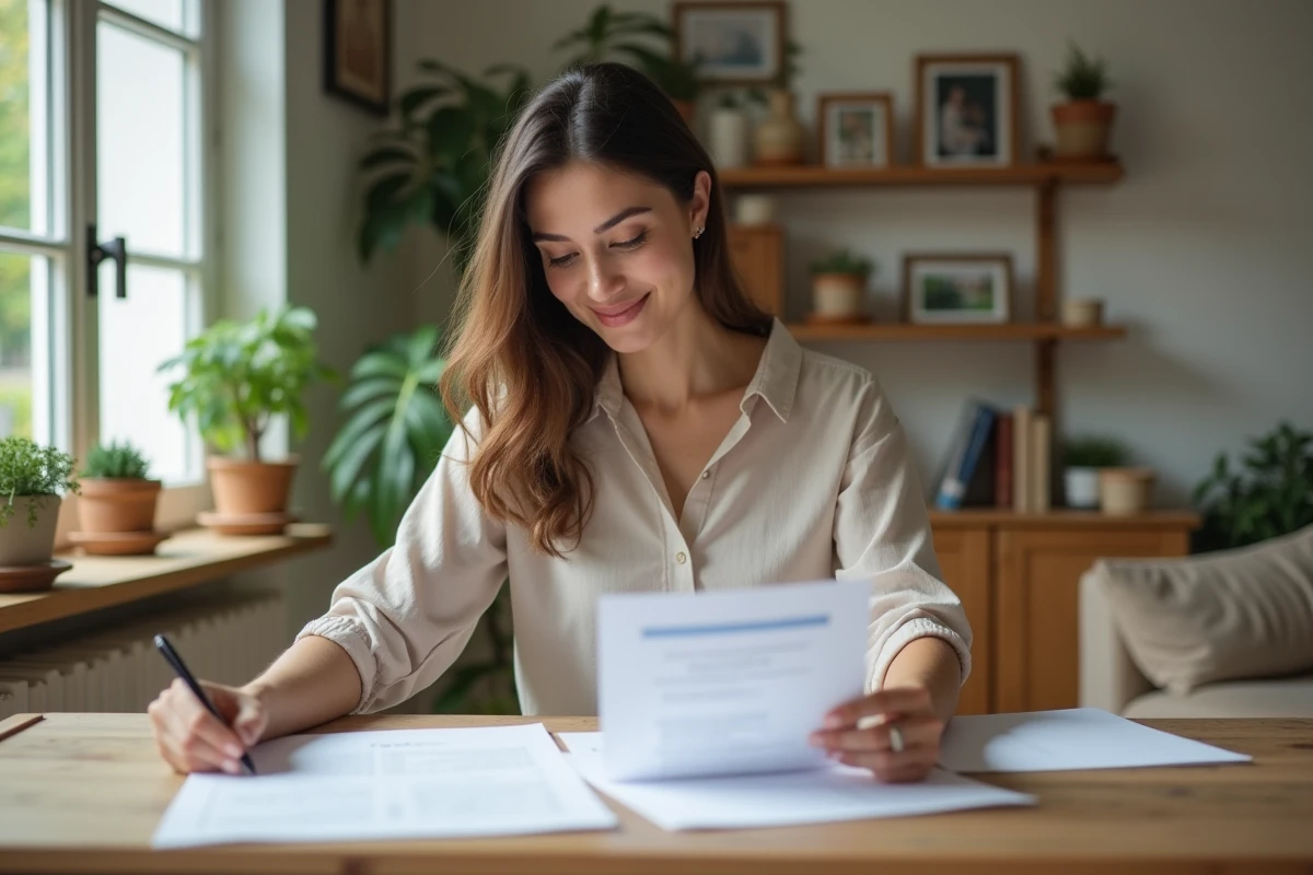 Jeune femme examinant des documents immobiliers à la maison