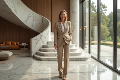 Femme élégante en costume beige dans une maison luxueuse