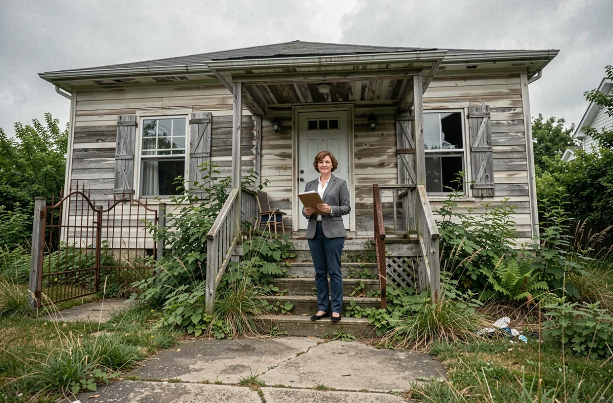 Femme avec documents devant une maison abandonnée à rénover, erreurs courantes lors d'un achat