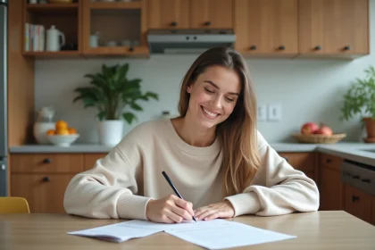 Femme remplissant un formulaire de location dans la cuisine