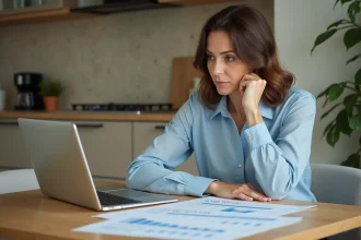 Femme française réfléchissant à ses documents de prêt immobilier