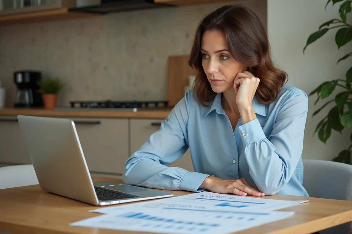Femme française réfléchissant à ses documents de prêt immobilier
