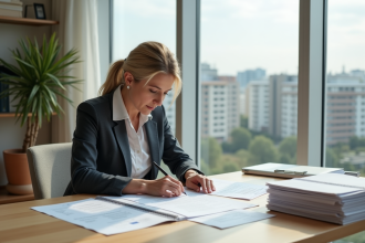 Femme d affaires examinant des documents immobiliers dans un bureau moderne