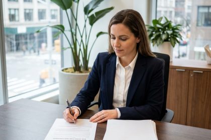 Femme professionnelle signant un contrat immobilier dans un bureau moderne