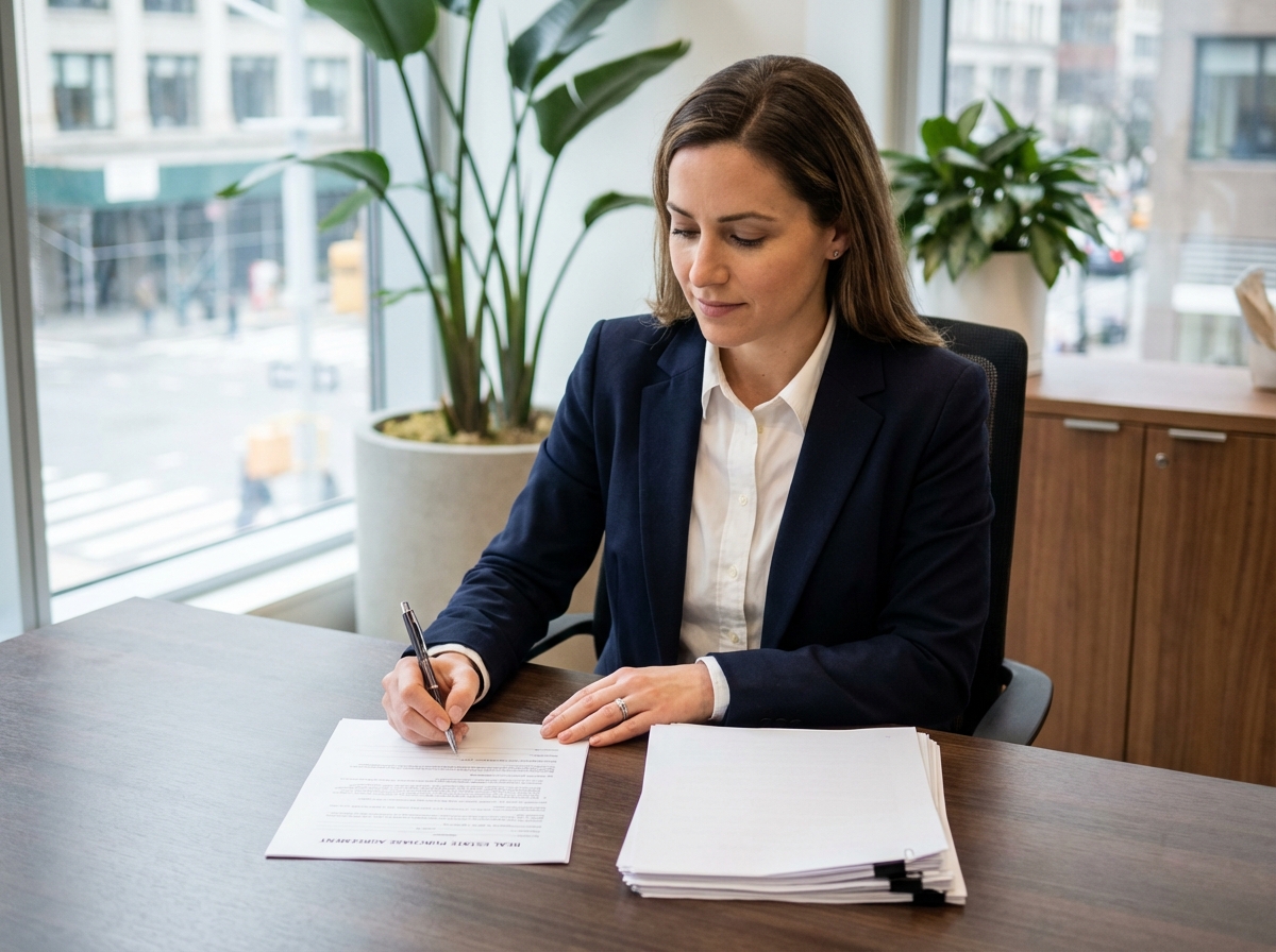 Femme professionnelle signant un contrat immobilier dans un bureau moderne