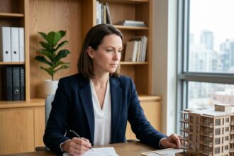 Femme cadre en blazer marine étudiant des documents d'investissement immobilier et une maquette d'immeuble dans un bureau à domicile moderne