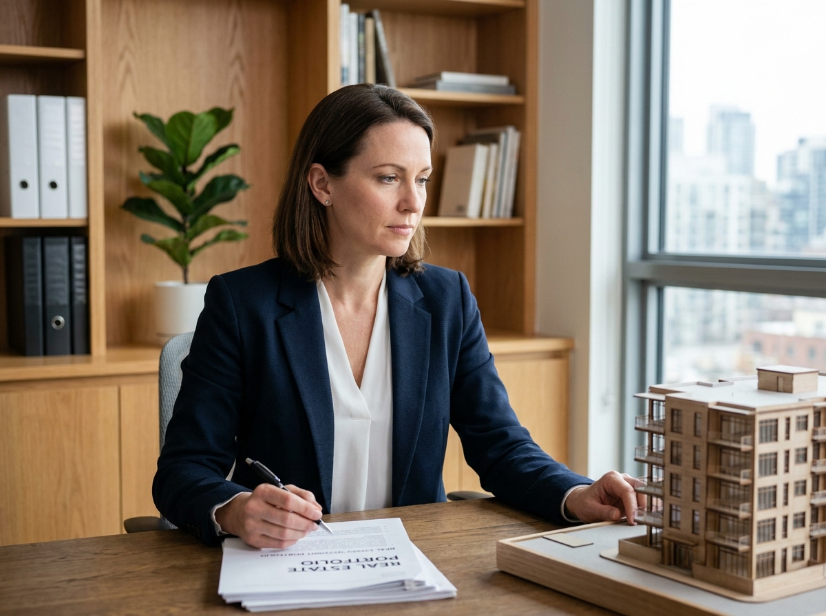 Femme cadre en blazer marine étudiant des documents d'investissement immobilier et une maquette d'immeuble dans un bureau à domicile moderne