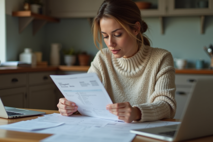 Femme examinant des factures à la maison dans une cuisine chaleureuse