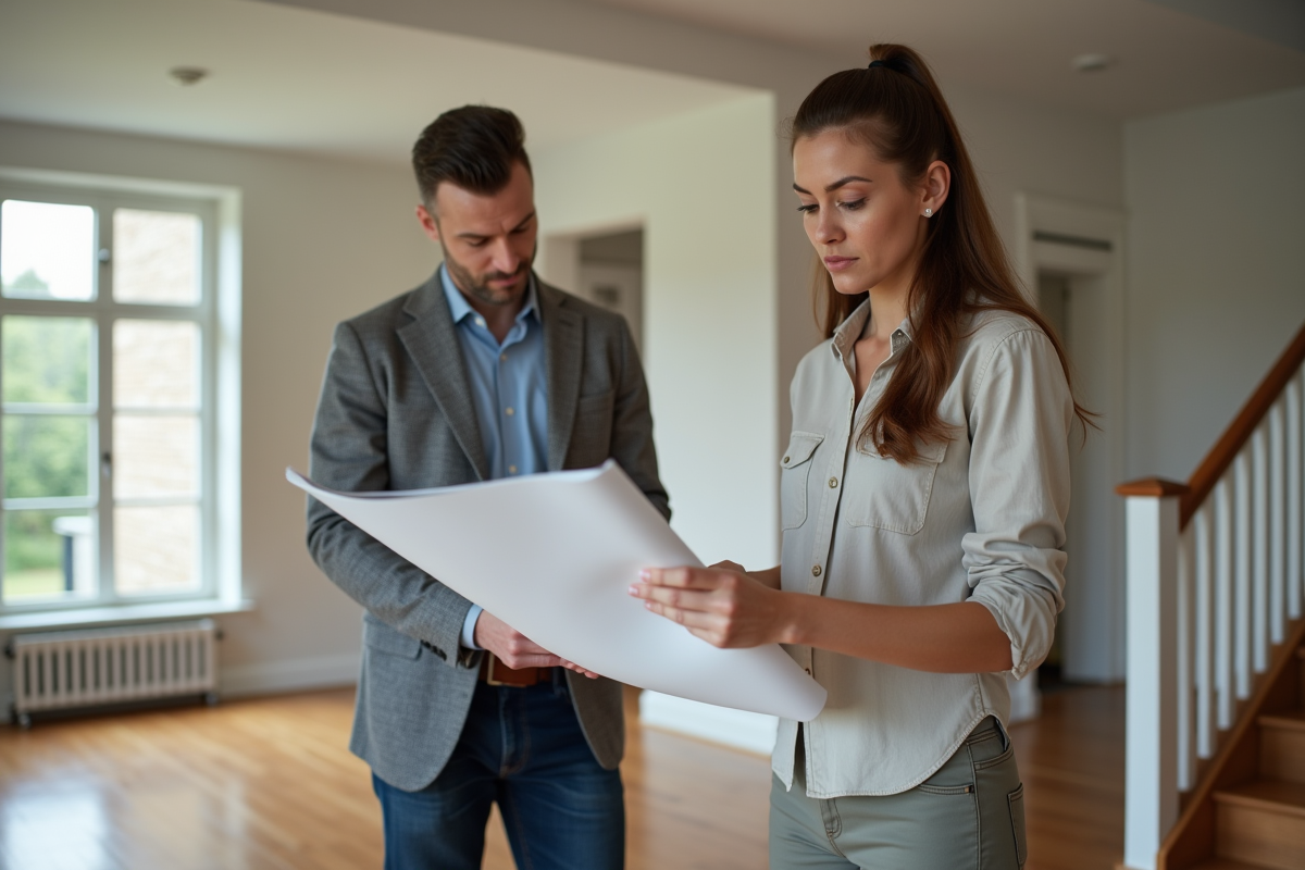 Jeune femme examinant des plans dans un salon rénové