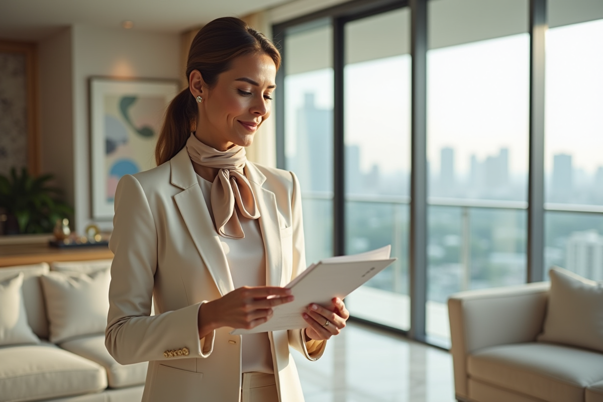 Femme élégante en blazer crème dans un penthouse moderne