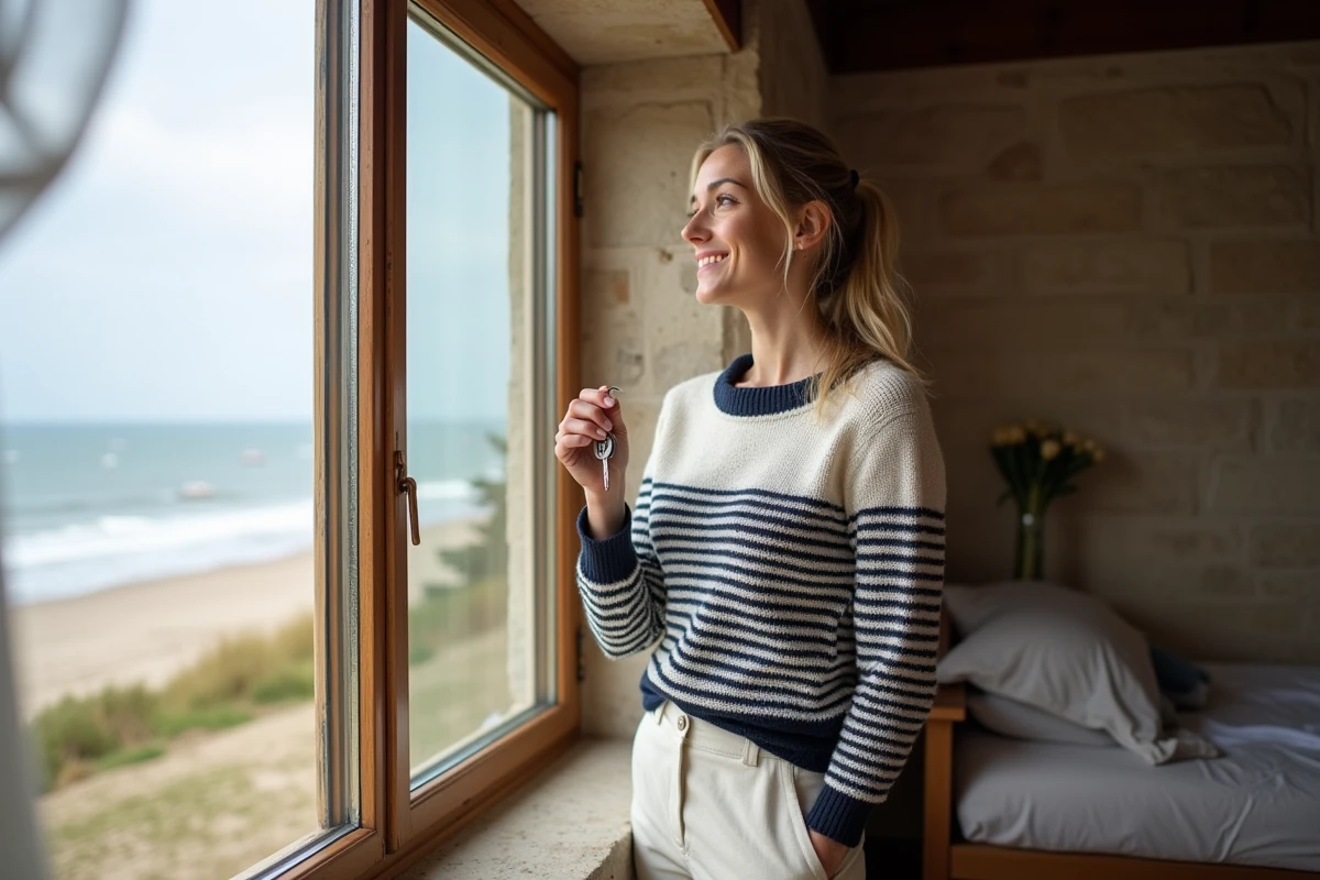 Femme dans maison normande regardant l ocean