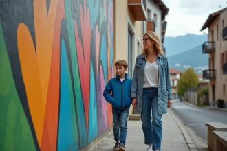 Femme d'âge moyen marchant avec un adolescent devant un mural coloré à Romans sur Isère