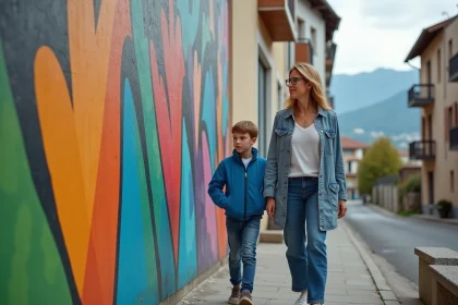 Femme d'&acirc;ge moyen marchant avec un adolescent devant un mural color&eacute; &agrave; Romans sur Is&egrave;re
