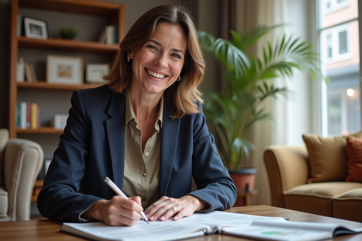 Femme souriante prenant des notes dans un bureau à la maison