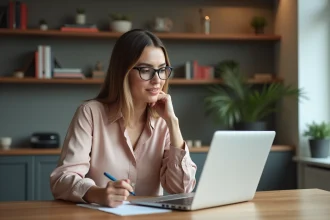 Femme en blouse comparant prix de location dans un appartement moderne