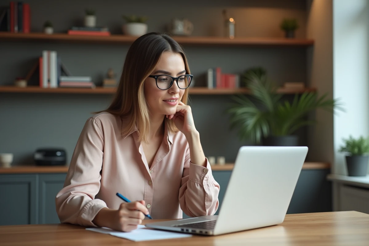 Femme en blouse comparant prix de location dans un appartement moderne
