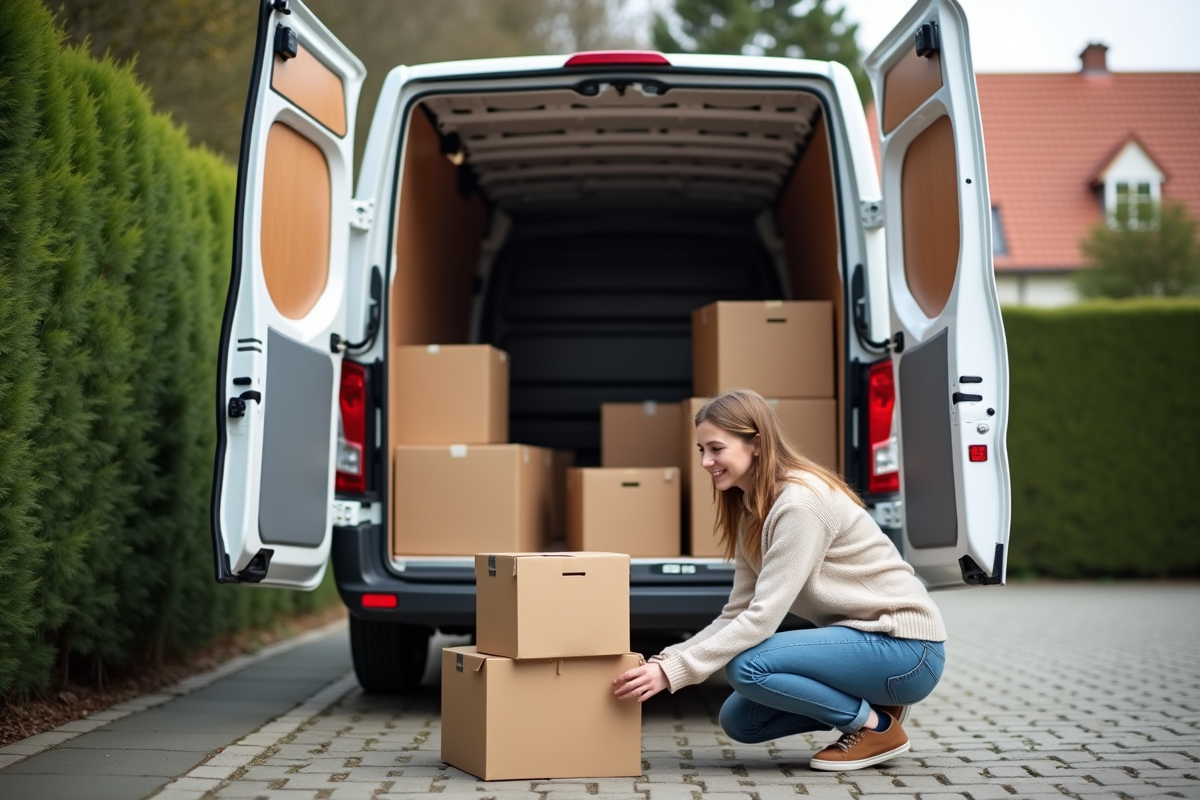 Jeune femme organisant des cartons dans une camionnette de déménagement