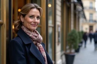 Femme élégante devant un immeuble haussmannien à Paris