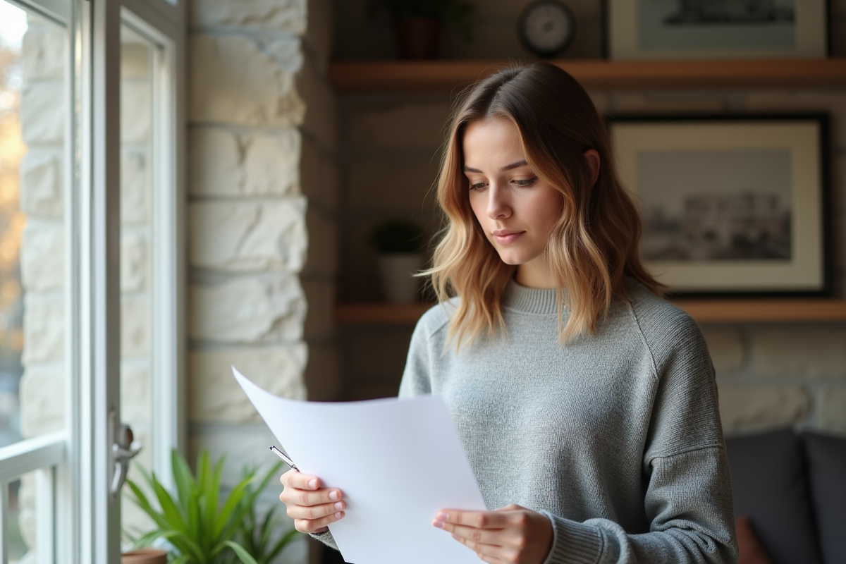 Jeune femme vérifiant un formulaire de prêt immobilier