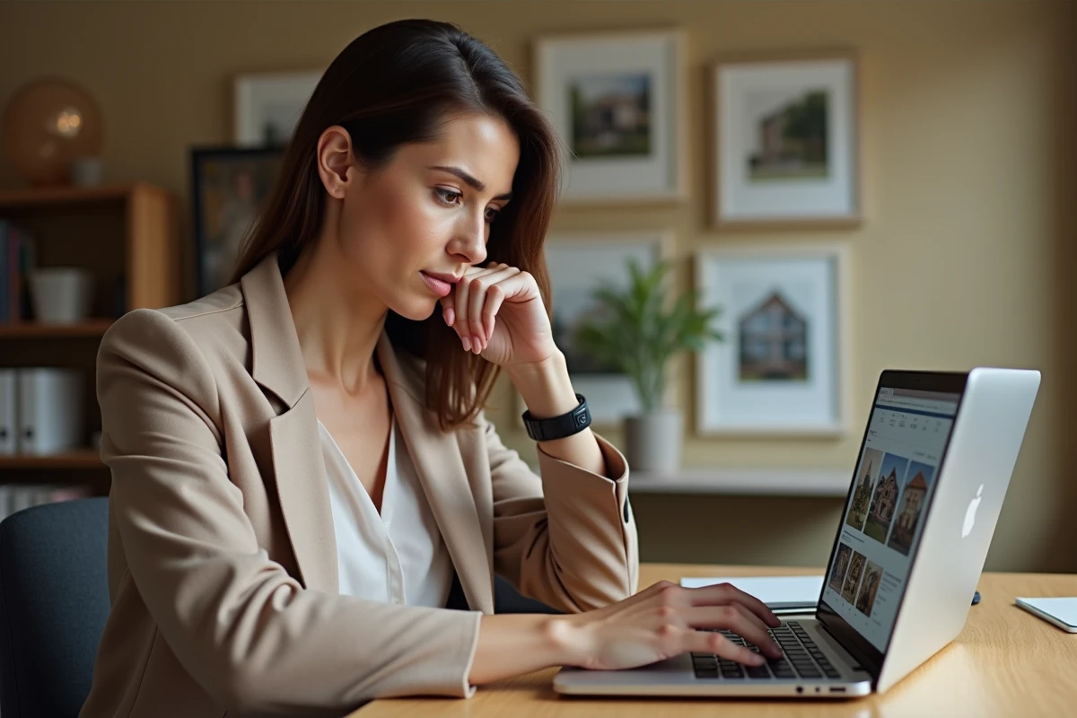 Femme consultant des annonces immobilières sur un portail en ligne depuis son bureau à domicile, comparant des outils de recherche immobilière