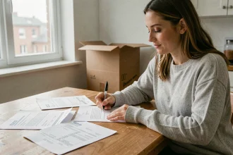 Femme rédigeant une lettre de préavis de départ à la main, entourée de documents de location sur une table en bois