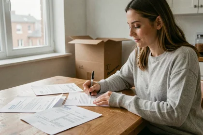 Femme rédigeant une lettre de préavis de départ à la main, entourée de documents de location sur une table en bois