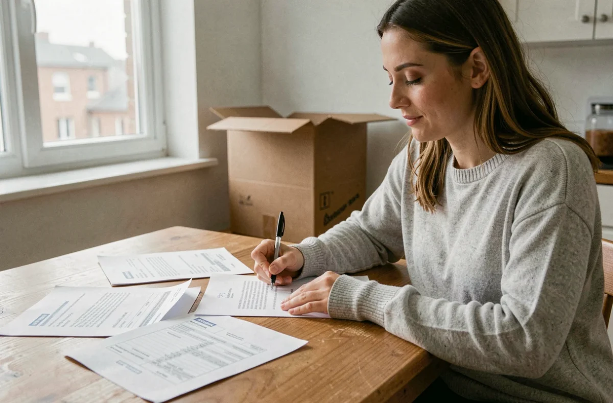 Femme rédigeant une lettre de préavis de départ à la main, entourée de documents de location sur une table en bois