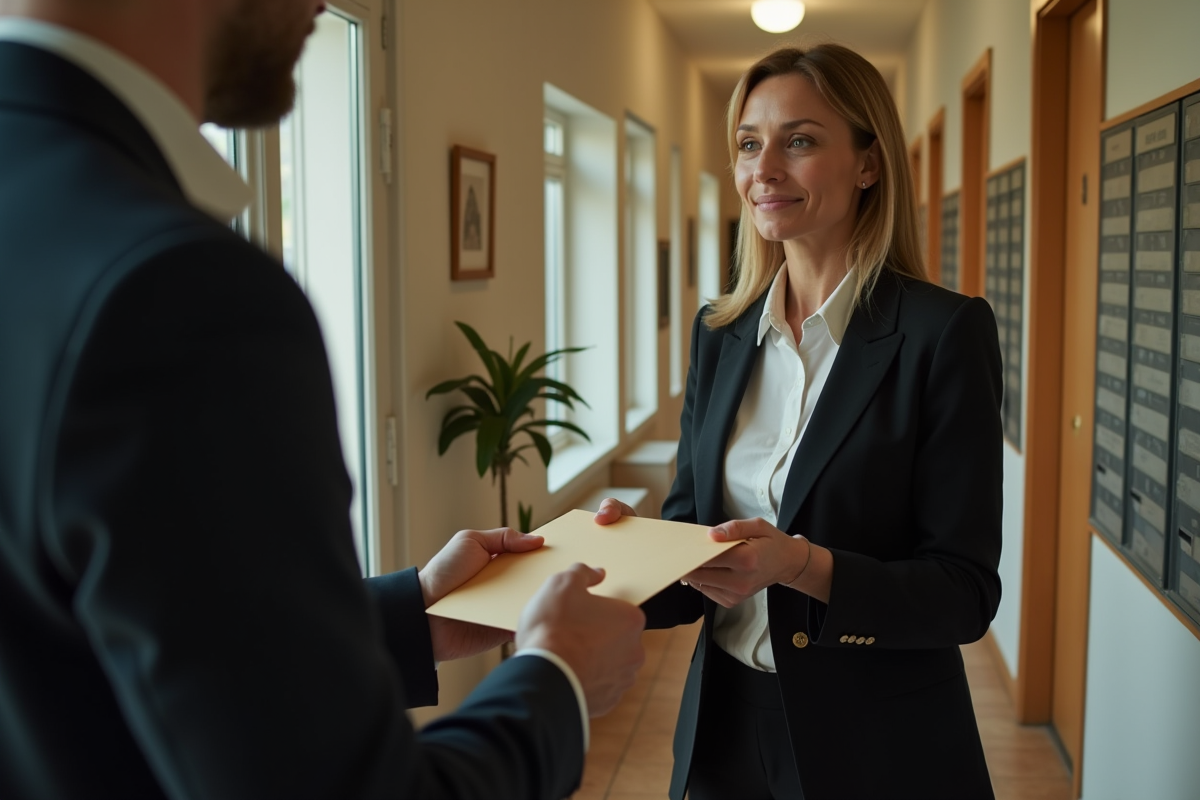 Femme d affaires remettant une enveloppe de loyer au gestionnaire