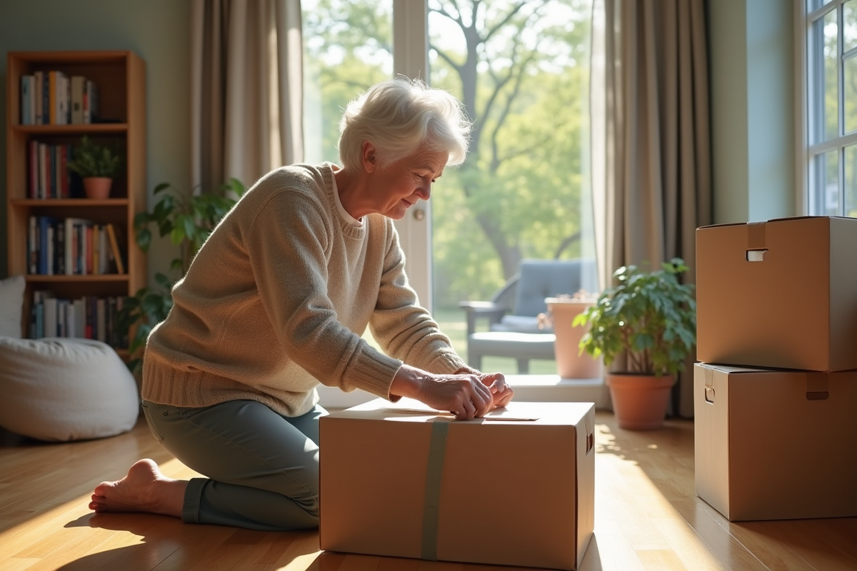 Femme âgée scellant une boîte dans un salon lumineux