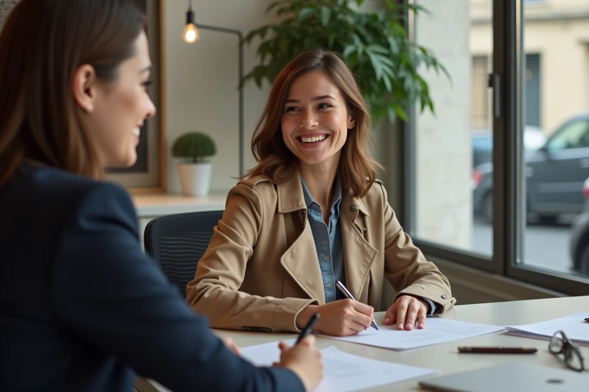 Jeune femme signant des documents immobiliers à Paris