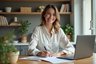 Femme souriante signant des papiers dans une cuisine lumineuse
