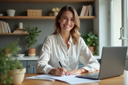 Femme souriante signant des papiers dans une cuisine lumineuse