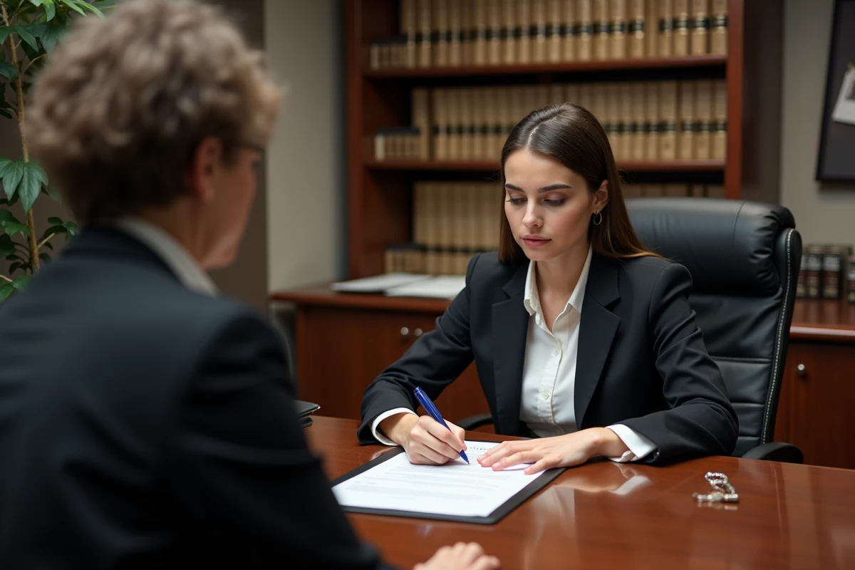 Jeune femme signant un document dans un bureau avec un notaire
