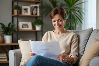 Femme souriante avec documents d'assurance dans un salon cosy