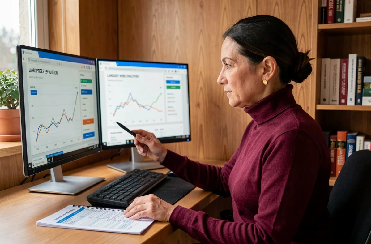 Femme consultant un tableau de bord d'évolution des prix fonciers sur ordinateur en télétravail