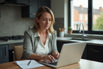 Femme concentrée travaillant à la maison avec documents et ordinateur
