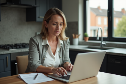 Femme concentrée travaillant à la maison avec documents et ordinateur