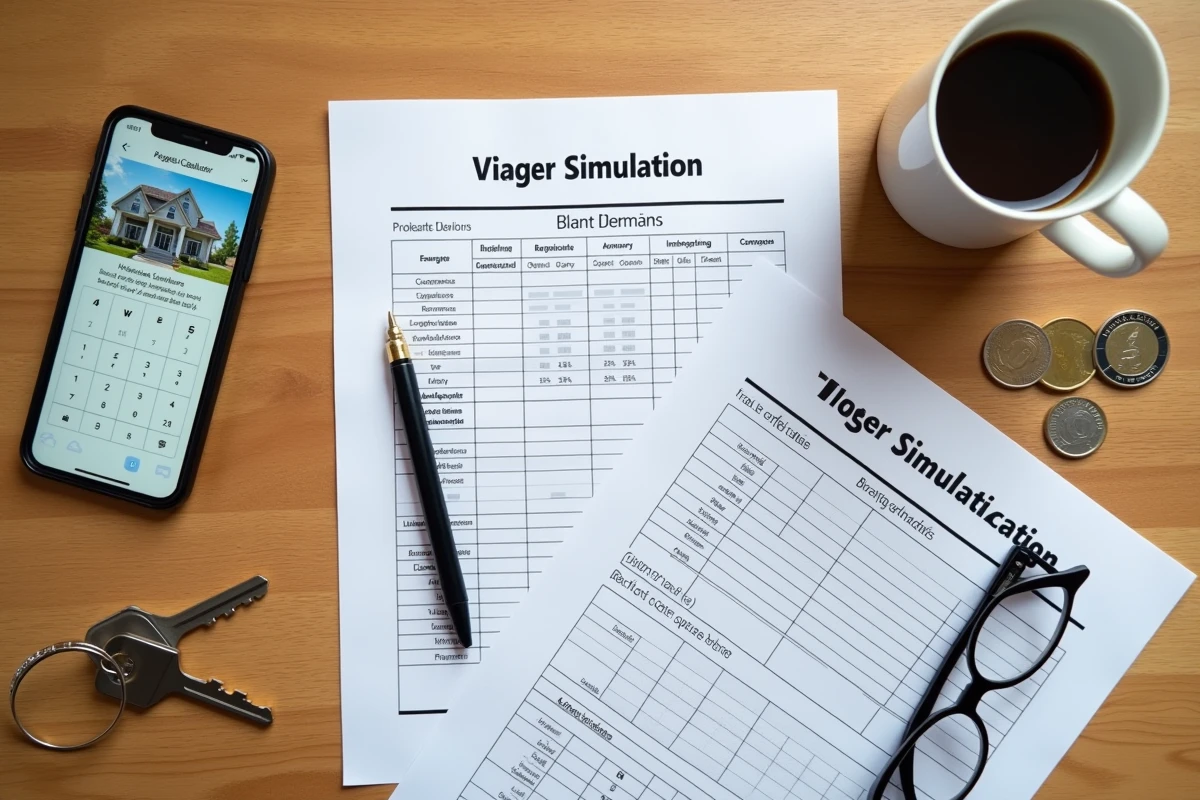 Vue aérienne d'un bureau avec des documents de simulation viager, une calculatrice immobilière et des accessoires illustrant la préparation financière d'une vente en viager