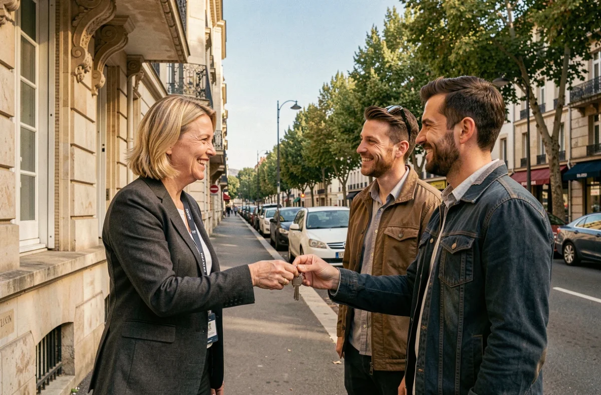 Agent Foncia remettant les clés d'un appartement à des locataires devant un immeuble haussmannien en Auvergne-Rhône-Alpes