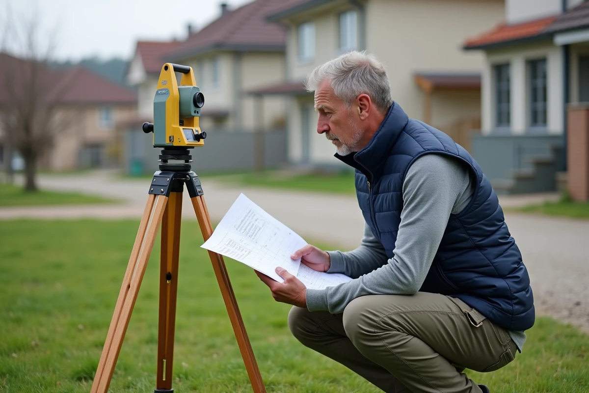 Géomètre mesurant un terrain constructible de 100 ares avec théodolite dans un lotissement