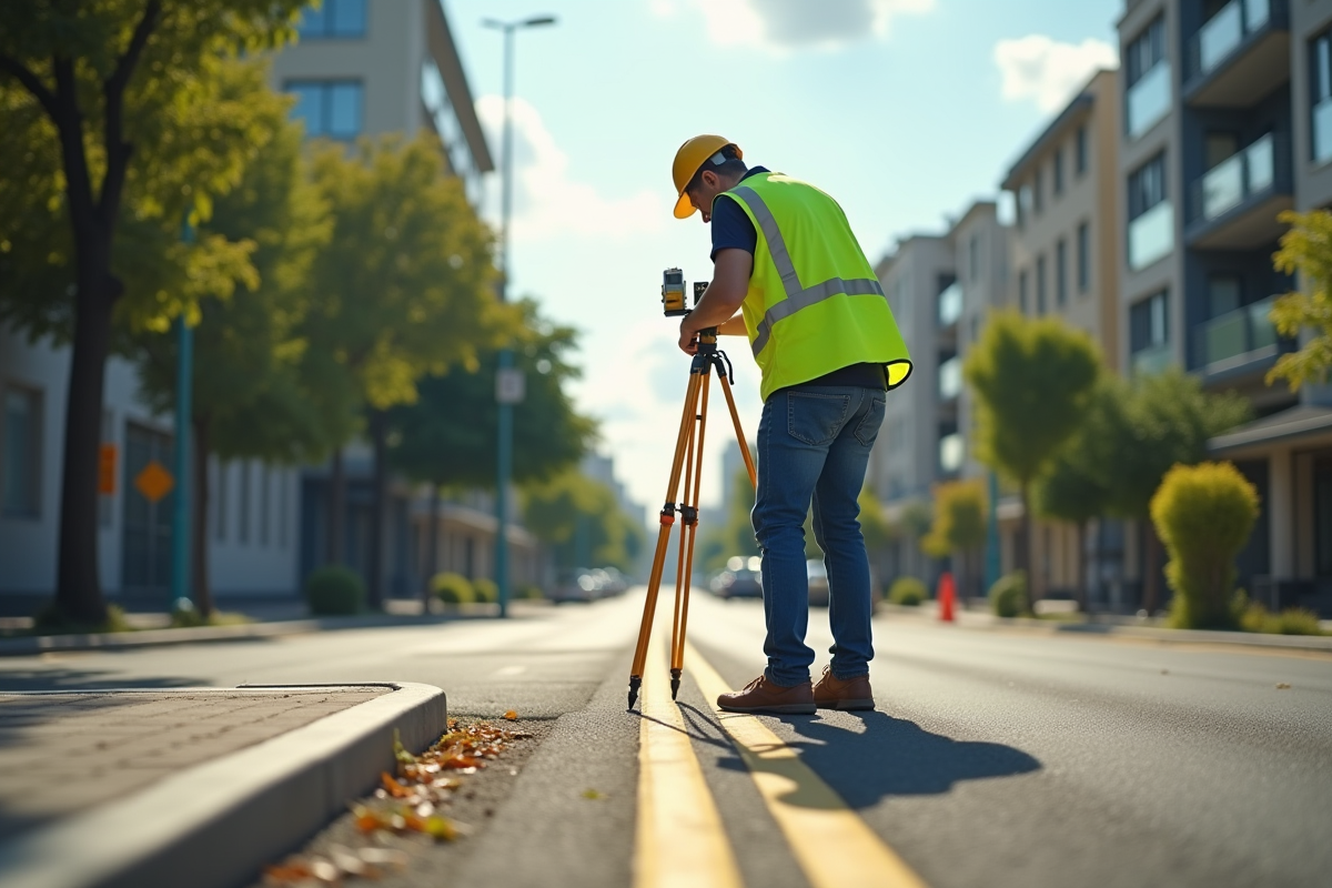 Geometre en vestiaire jaune mesurant une limite urbaine en plein jour