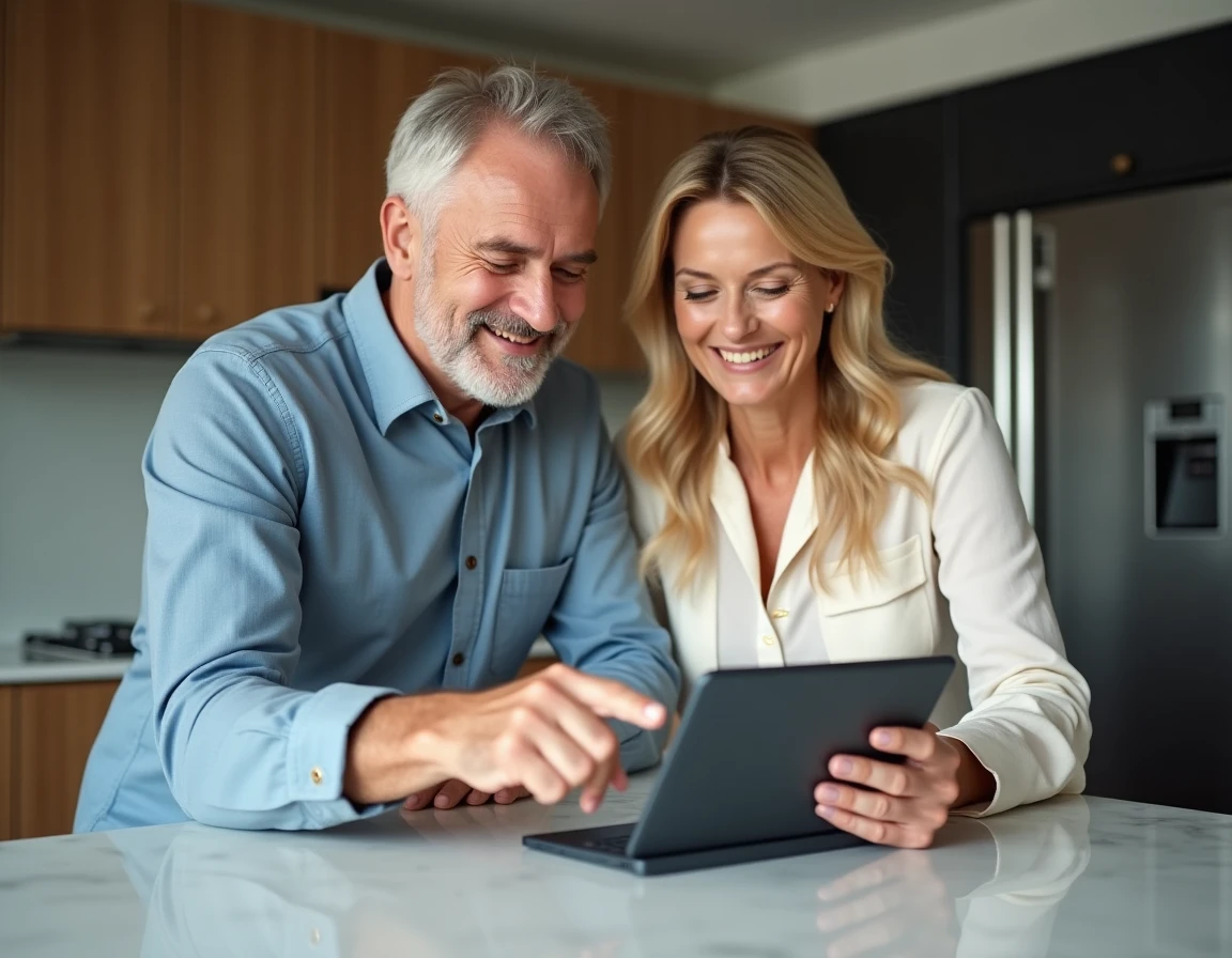 Couple gérant leur compte locataire Foncia sur tablette dans une cuisine moderne